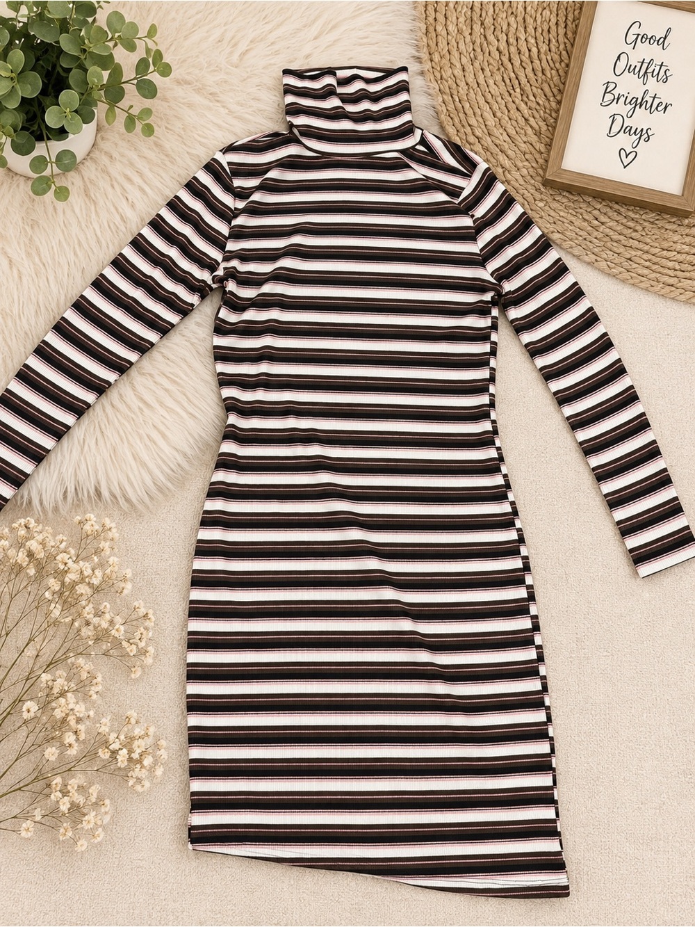 Madden Girl Black, White & Pink Striped Turtleneck Bodycon Dress